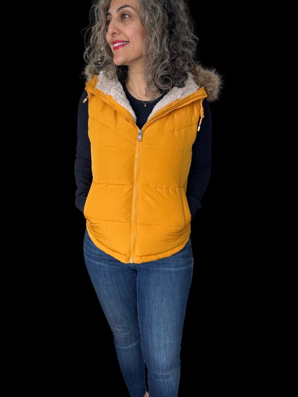 C&A Clockhouse Yellow Puffer Vest | Faux Fur Hood | Size 2 (Euro 34) - Picture 2 of 6